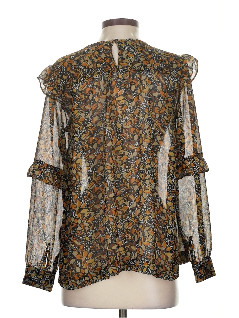BA&SH Lady Floral Semi-Sheer Ruffle Blouse Tiered Sleeves Brown Gold | Women’s S